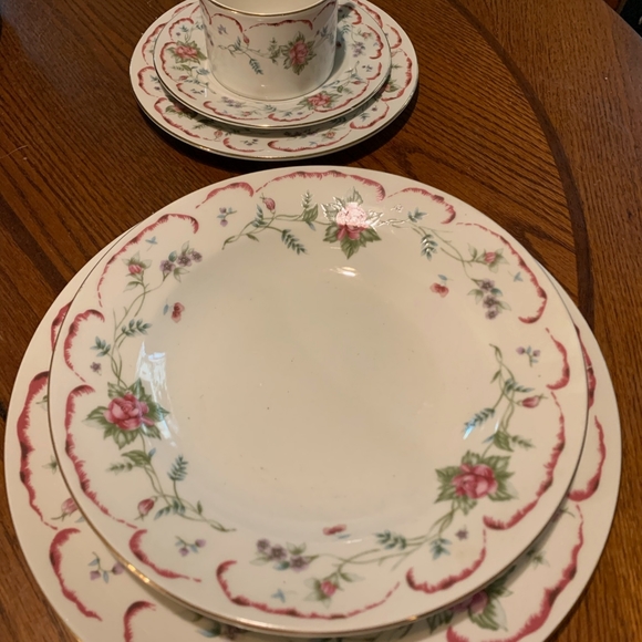 8 place setting china. Shades of pink roses with green leaves.